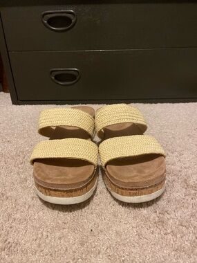 Womens Tan Woven Double-Strap Cork Platform Sandals